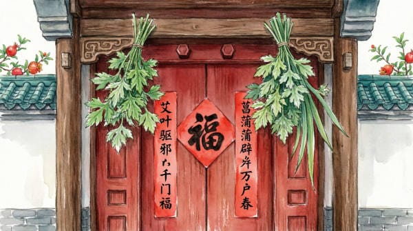Traditional Chinese doorway with red wooden doors decorated with bundles of fresh green mugwort and calamus leaves hanging above the entrance during the Dragon Boat Festival, featuring the Chinese character "fu" (blessing) on red diamond-shaped paper and vertical couplets, symbolizing protection against evil spirits and disease.
