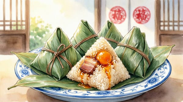 Pyramid-shaped zongzi dumplings wrapped in green bamboo leaves and tied with string, displayed on a traditional blue and white Chinese plate with one unwrapped to reveal glutinous rice filled with pork belly and salted egg yolk, representing the iconic food of the Dragon Boat Festival.