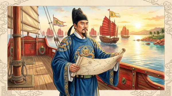 "Historical illustration of Zheng He, the legendary Ming Dynasty eunuch admiral who led seven treasure voyages across the Indian Ocean to Africa"