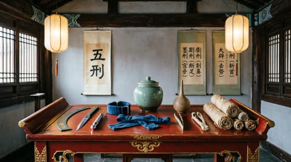 "Historical medical instruments used for castration (gongxing) in ancient China, one of the Five Punishments in traditional Chinese legal code"