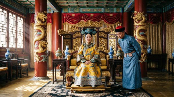 "Historical photograph of Empress Dowager Cixi seated with her trusted chief eunuch Li Lianying in the late Qing Dynasty Forbidden City"