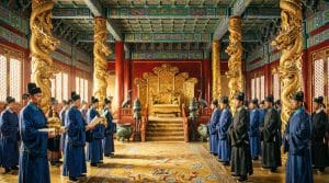 "Traditional ceremony inside the Hall of Supreme Harmony showing eunuchs in formal robes performing ritual duties during an imperial audience in the Forbidden City"
