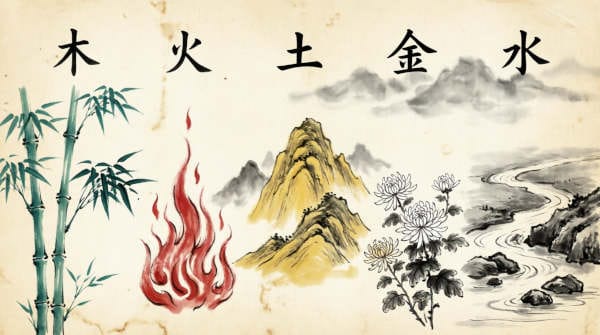 Chinese ink painting displaying the five elements with calligraphy characters: green bamboo for Wood (木), red flames for Fire (火), golden mountains for Earth (土), white chrysanthemums for Metal (金), and black ink stream for Water (水), each representing seasonal, emotional, and organ correspondences in Traditional Chinese Medicine