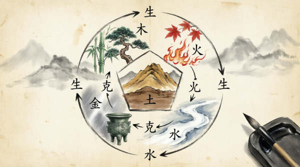 Chinese ink wash diagram illustrating the Wu Xing cycles: outer circle shows generating cycle (生) with Wood feeding Fire, Fire creating Earth, Earth bearing Metal, Metal collecting Water, Water nourishing Wood; inner pentagon displays controlling cycle (克) with arrows showing natural restraint; elements represented by bamboo, flames, mountain, bronze vessel, and flowing stream