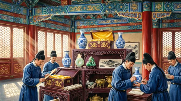 : "Ornate storage chests and imperial artifacts from the Forbidden City palace collections, managed and protected by eunuch officials for centuries"