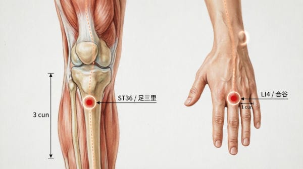 Anatomical diagram showing exact locations of ST36 Zusanli point on lower leg and LI4 Hegu point on hand with measurement markers for accurate acupuncture point location