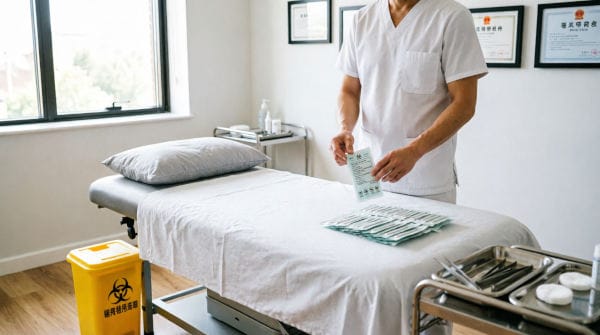 Licensed acupuncturist demonstrating sterile technique with single-use needles in professional clinic setting, showing safety protocols and hygiene standards in traditional Chinese medicine practice