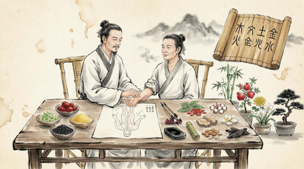 Traditional Chinese medicine consultation scene showing practitioner taking patient's pulse at wooden table with five elemental foods in bowls (green sprouts, red dates, yellow millet, white ingredients, black beans), meridian chart, medicinal herbs, bamboo scrolls with five elements characters, and symbolic plants representing Wood, Fire, Earth, Metal, and Water