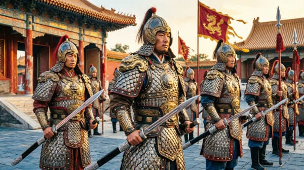 "Ancient Chinese warriors of the Shence Army (Army of Divine Strategy), the elite Tang Dynasty military force commanded by powerful court eunuchs"