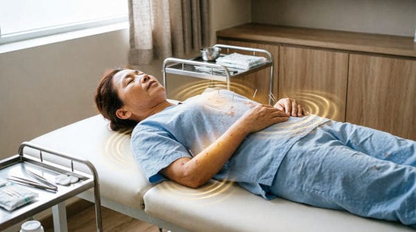 Patient experiencing De Qi sensation during acupuncture treatment with visual representation of energy flow, warmth, and therapeutic response at needle insertion points