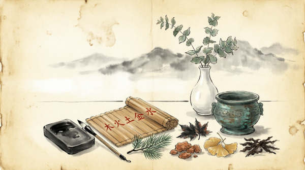 Traditional Chinese ink painting showing bamboo scrolls inscribed with the five elements characters (木火土金水), calligraphy brush and ink stone, ancient bronze vessel, and natural elements representing Wood, Fire, Earth, Metal, and Water against misty mountain backdrop on aged parchment
