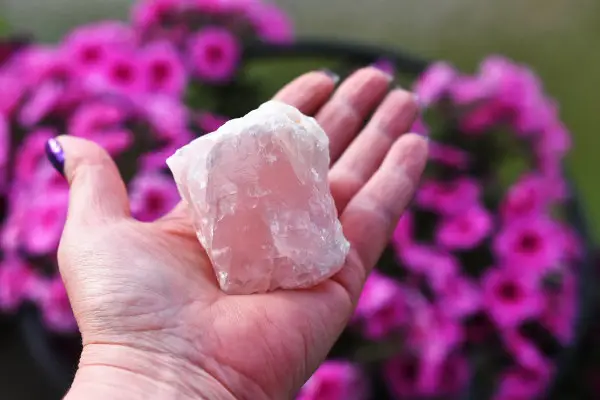 An image of a ladies hand holding a large rose quartz crystal