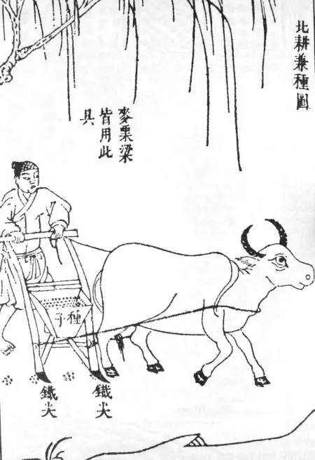 Chinese double tube seed drill published by Song Yingxing in the Tiangong Kaiwu encyclopedia of 1637