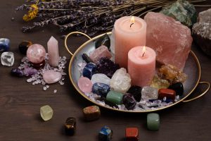 Healing crystals therapy. Rituals with gemstones and aromatherapy for wellbeing, meditation, destress, relaxation, mental health, spiritual practices. Energetical power concept