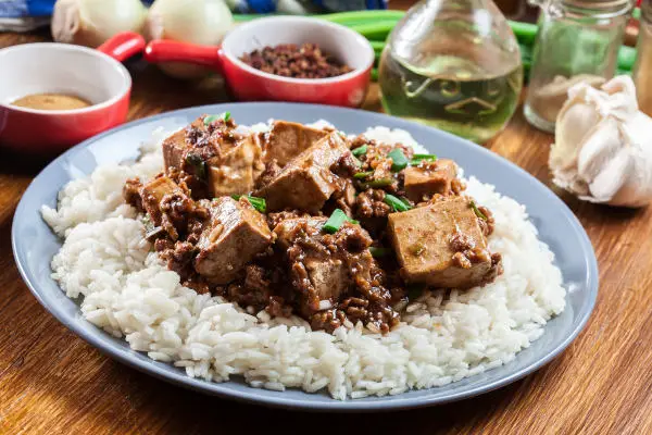 Mapo Tofu - traditional sichuan spicy dish served with rice.