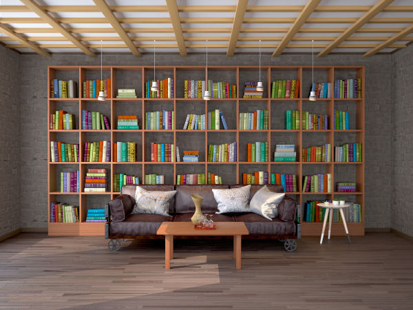 The interior of living room in loft with bookshelves. 3d illustration