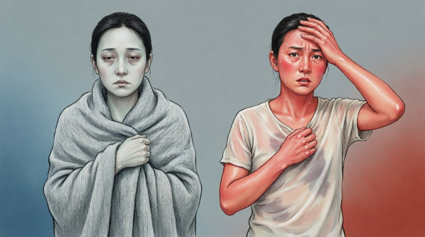 Side-by-side comparison showing two women: on the left, Yang deficiency symptoms with pale skin, cold expression, wrapped in gray blanket against blue background; on the right, Yin deficiency symptoms with flushed red face, sweating, hand on forehead against warm orange background, illustrating Empty Cold versus Empty Heat patterns