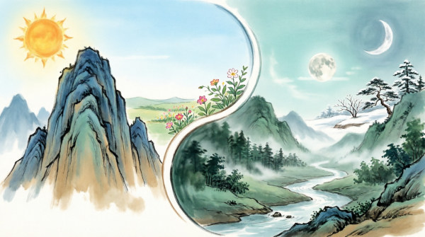 Traditional Chinese watercolor landscape divided by Yin Yang symbol, showing sun and mountains representing Yang on the left, and moon, night sky, and valley representing Yin on the right, illustrating how opposing complementary forces exist throughout nature