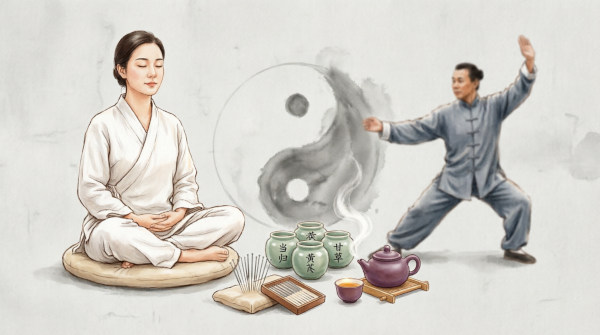 Illustration showing TCM healing practices including a woman meditating in lotus position, a man practicing qigong movements, acupuncture needles, Chinese herbal medicine jars with characters, and traditional tea set, all arranged around a Yin Yang symbol representing holistic restoration methods