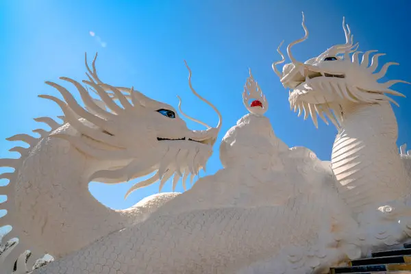 White statues of two Chinese dragons Thailand
