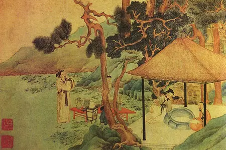 A Ming dynasty painting by artist Wen Zhengming illustrating scholars greeting in a tea party