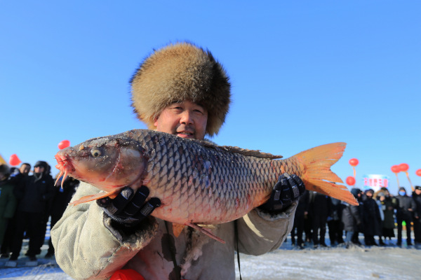 A Chinese fisherman shows a fish harvested from the ice-covered Lianhuan Lake during the 2nd Lianhuan Lake fishing tourism festival.
