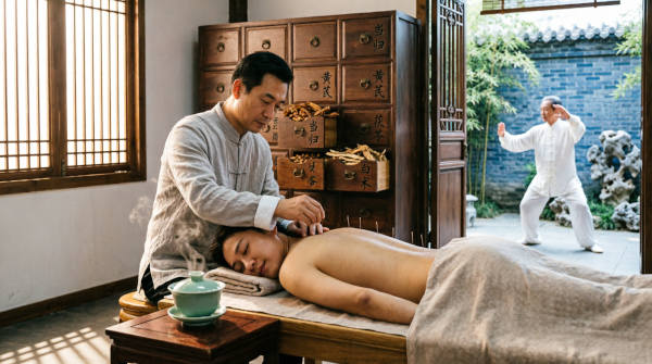 Traditional Chinese Medicine treatment session showing a practitioner performing acupuncture on a patient lying on a wooden table, with traditional herb medicine cabinets displaying labeled drawers in the background, and an elderly man practicing Tai Chi in a courtyard garden through an open doorway, illustrating the whole-person approach to healing and preventive wellness in TCM.
