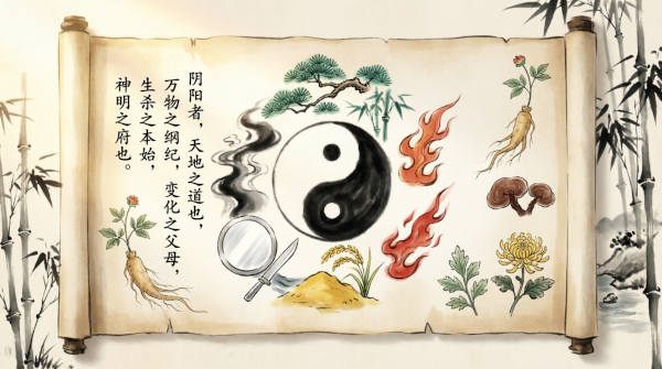 Traditional Chinese Medicine philosophical illustration featuring a Yin-Yang symbol on an ancient scroll, surrounded by Five Elements representations, medicinal herbs including ginseng and chrysanthemum, bamboo, and classical Chinese calligraphy from the Yellow Emperor's Inner Canon, representing the historical roots and holistic philosophy of TCM.
