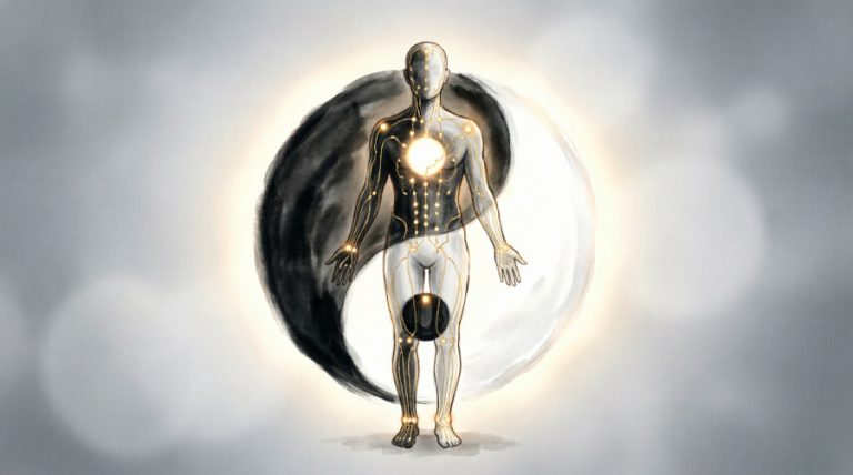 Illustration of a human silhouette standing within a Yin Yang Taiji symbol, with glowing golden meridian energy pathways connecting acupuncture points throughout the body, representing Traditional Chinese Medicine concept of balance between opposing forces